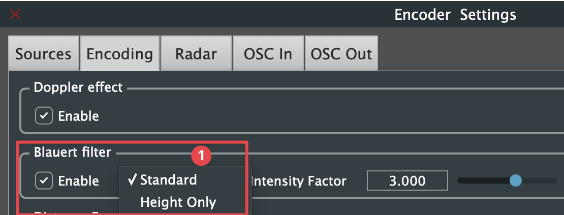 Encoding tab: Doppler effect and Blauert filter with mode selection Standard / Height Only