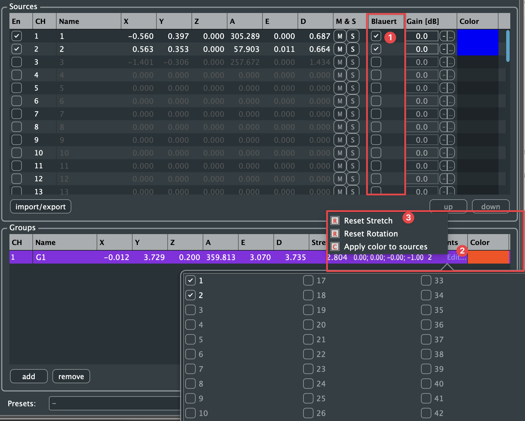 Sources and Groups: Blauert per source (1), source selection via Edit… (2), group context menu (3)