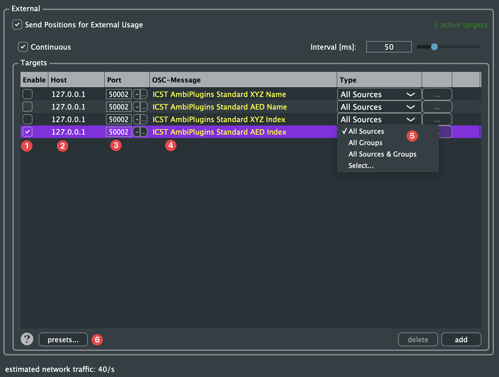 OSC Out: external targets with Enable (1), Host (2), Port (3), OSC-Message (4), Type (5) and presets (6)