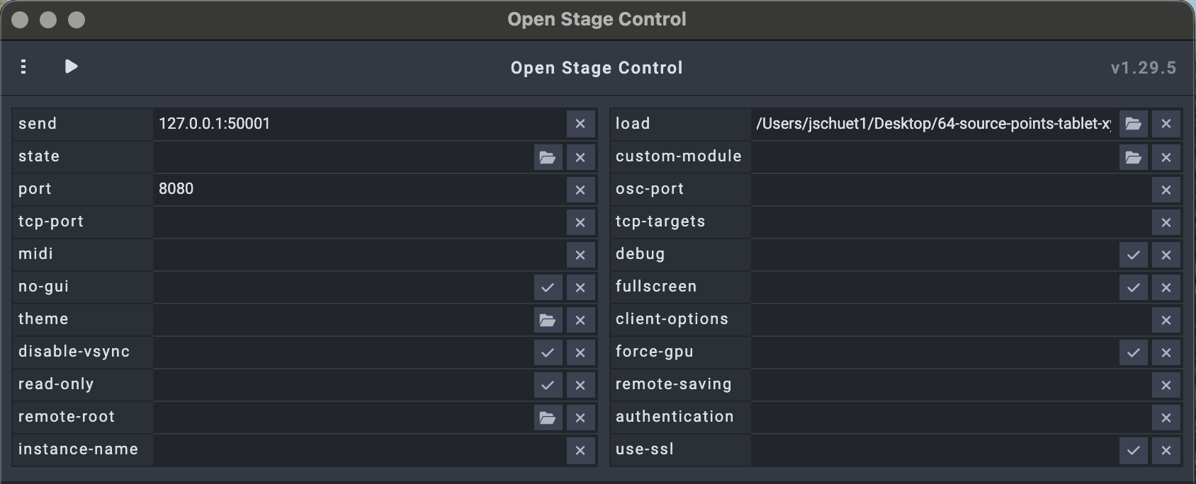 open-stage-control Launcher mit Send-Ziel 127.0.0.1:50001 und Port 8080