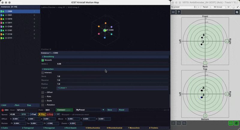 ICST Kristall Motion Map in action — lattice preview with 8 cubic sources stepping through space