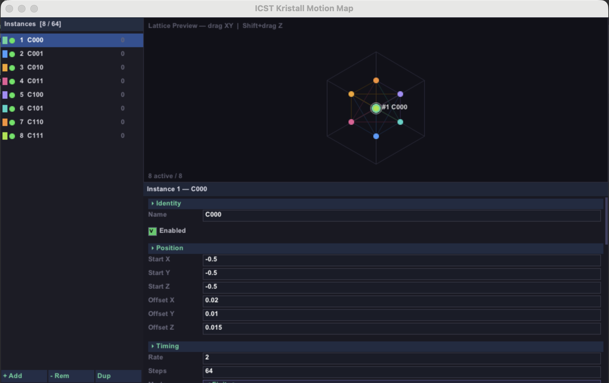 Instance list (left) and isometric lattice preview with 8 cubic sources — selected instance highlighted