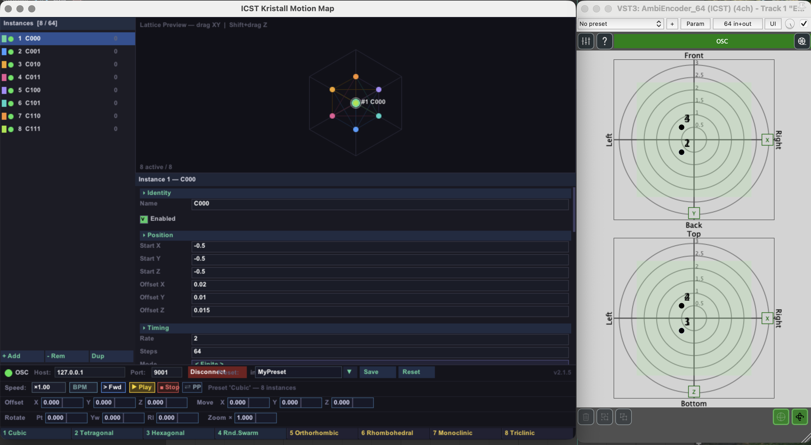 ICST Kristall Motion Map — full interface overview showing instance list, lattice preview, parameter panel and status bar