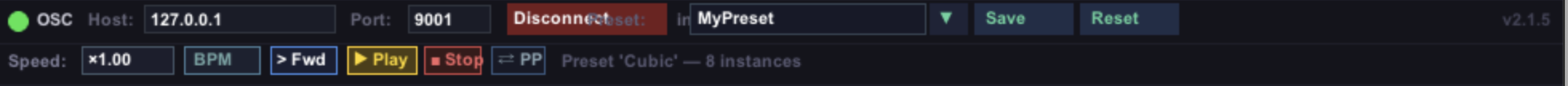 Status bar — all four control rows and the eight preset buttons at the bottom