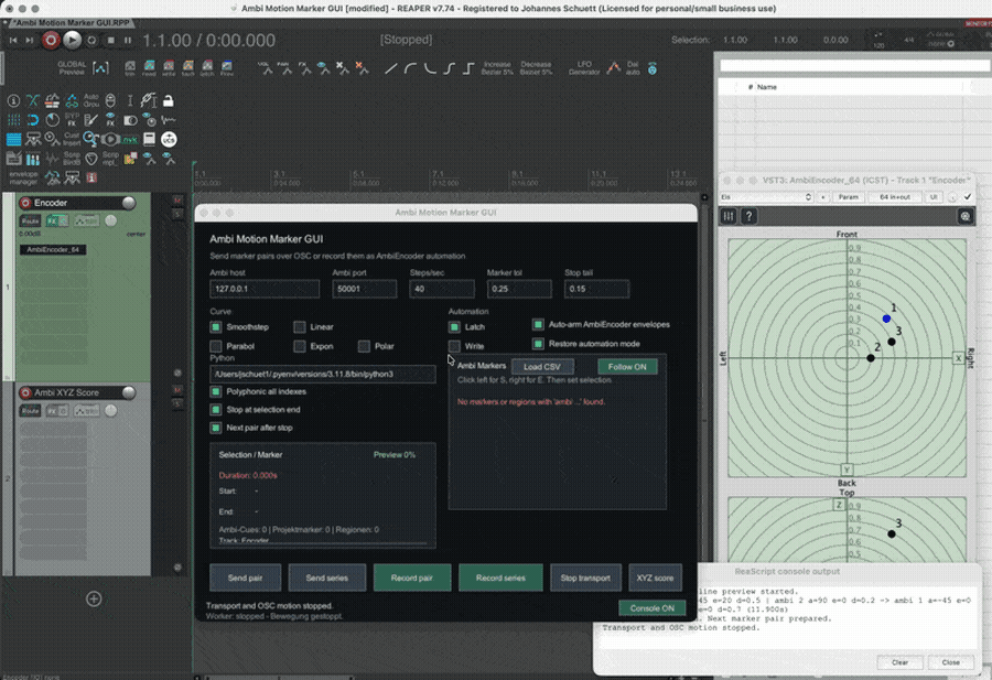 Send pair workflow — console output after motion playback